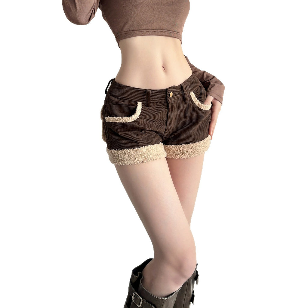 Retro Patchwork Corduroy Shorts With A Niche Designer Edgelow-rise And Ultra-flattering For Bold Edgy Looks