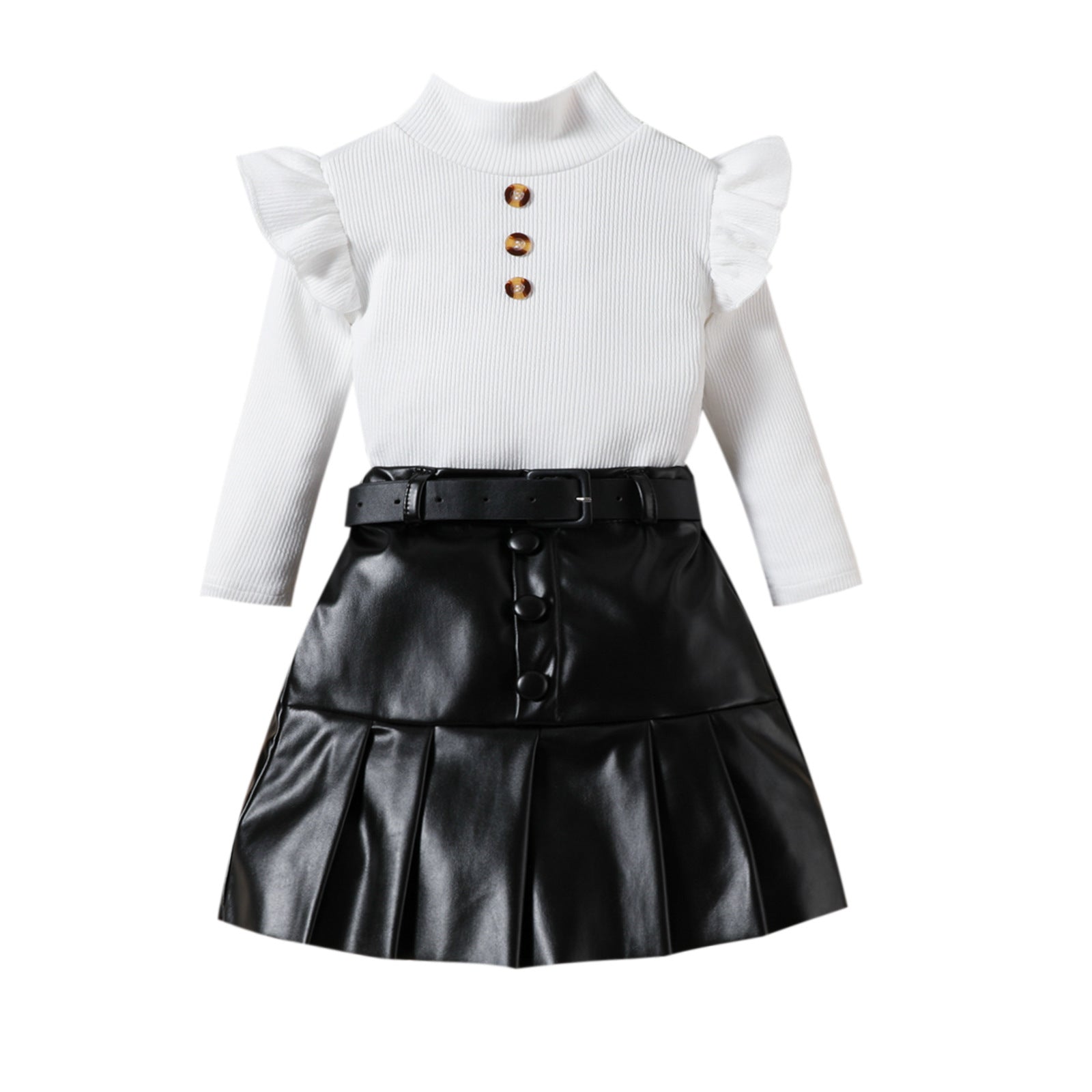 High-neck Long-sleeve Top PU Leather Pleated Skirt Belt Three-piece Set