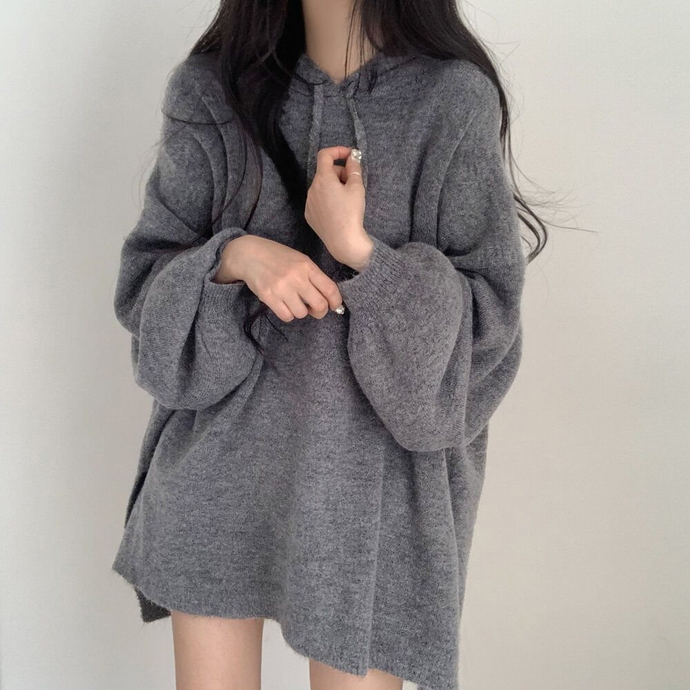 Korean-style Relaxed-fit Knitted Hoodie With A Laid-back Vibe And Puffed Sleeves