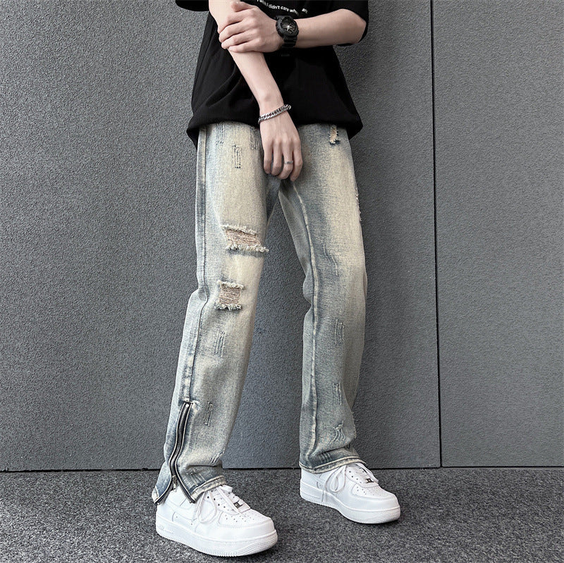Mens SpringSummer Loose-Fit Denim Jeans With A Side Zipper