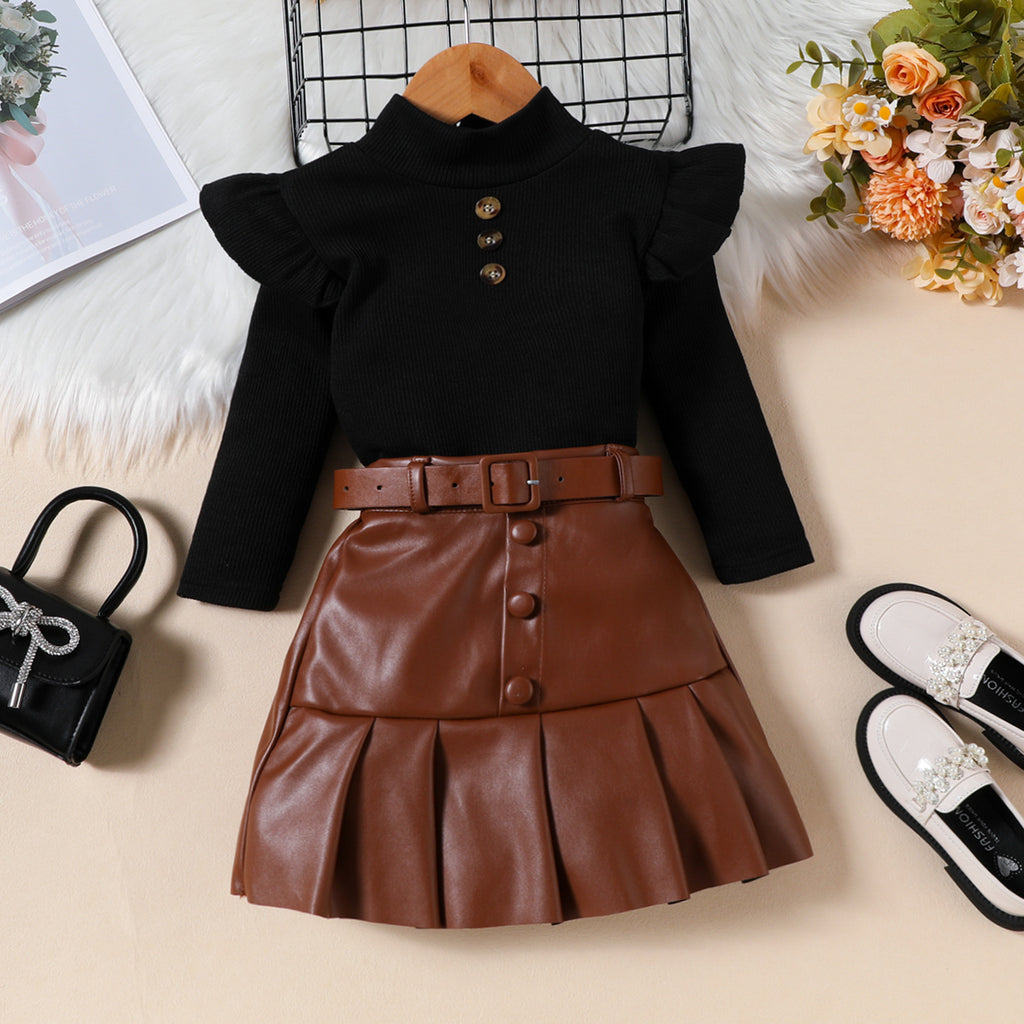 High-neck Long-sleeve Top PU Leather Pleated Skirt Belt Three-piece Set