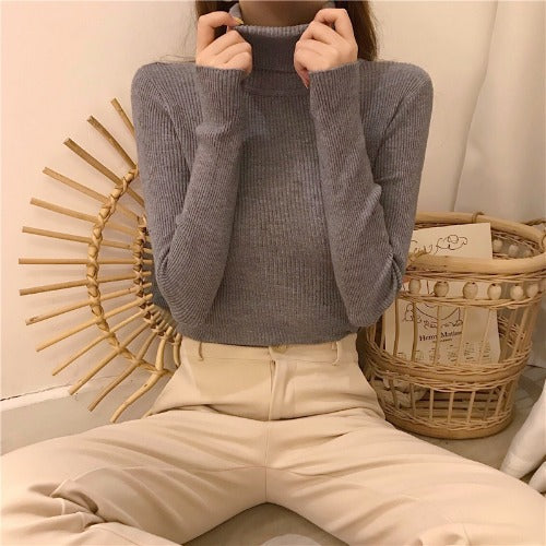 Slim-fit Solid-color Pullover Form-fitting Turtleneck Sweater