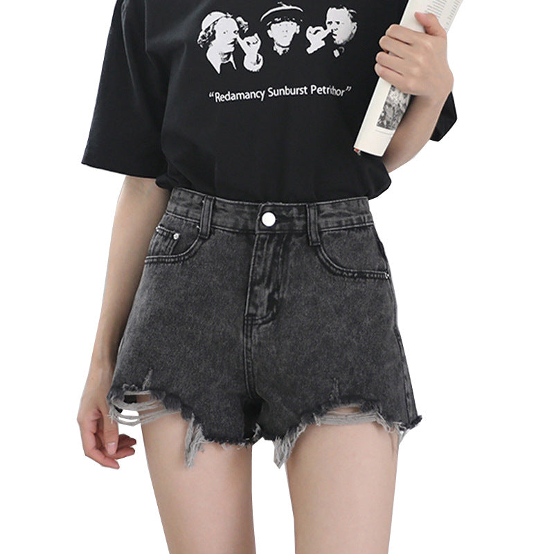 Black And Gray Ripped-out Denim Hot Pants