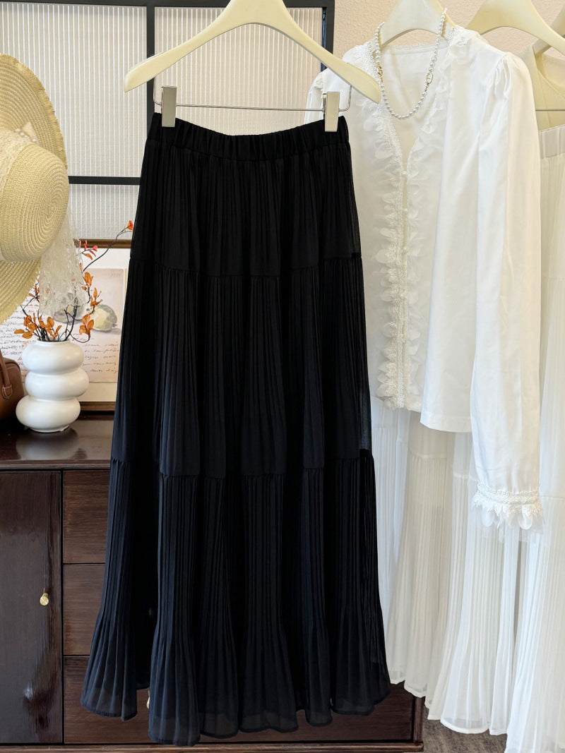 Womens Solid-Colored French-Style Retro Elegant Pleated High-Waist Skirt