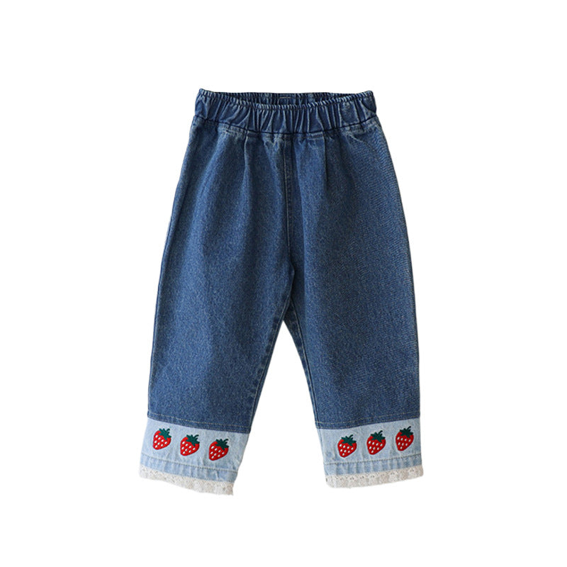 Sweet Lace Patchwork Embroidered Strawberry Casual Jeans