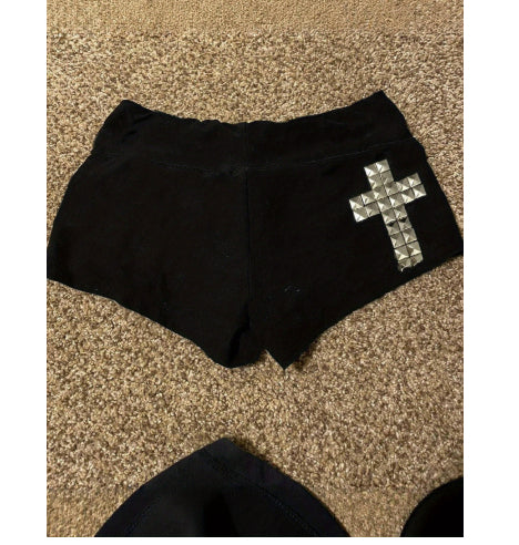 Womens Black Cross Design Comfortable Elastic-Waist Bodycon Ultra-Short Shorts
