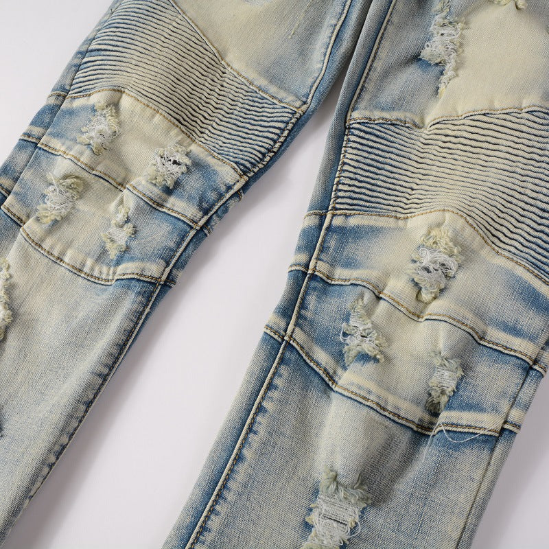 Hand Frayed Beggar Style Distressed Slim Stretch American Men's Jeans