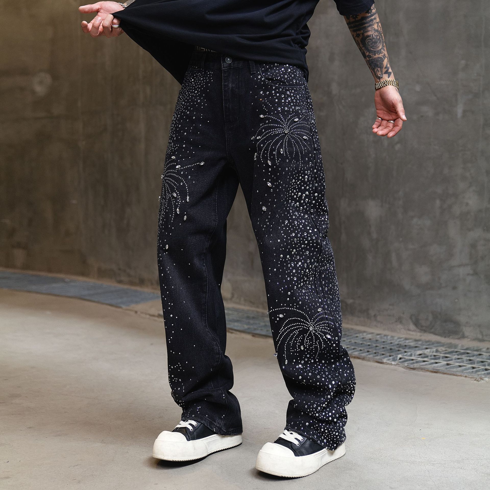 Men's High Street Washed Straight Full Diamond Design Jeans