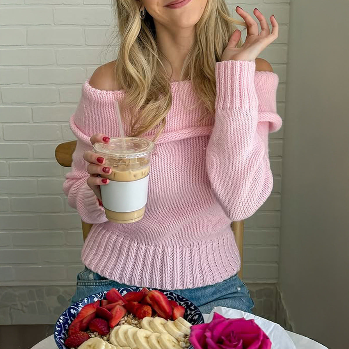 Sweet And Adorable One-shoulder Knit Sweater In A Solid Color