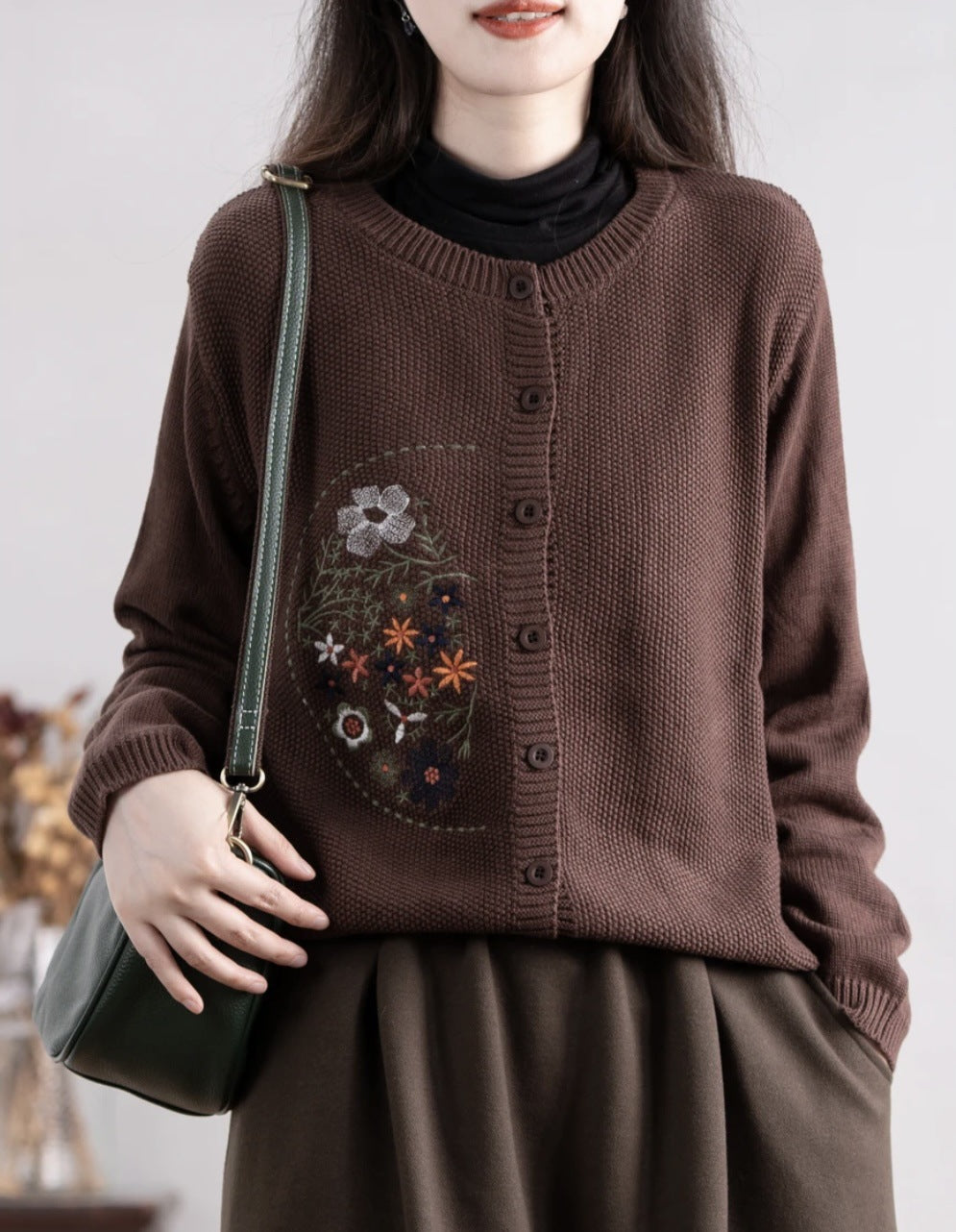 Chinese-style Corn-stitch Cotton Knit Cardigan Sweater For Women