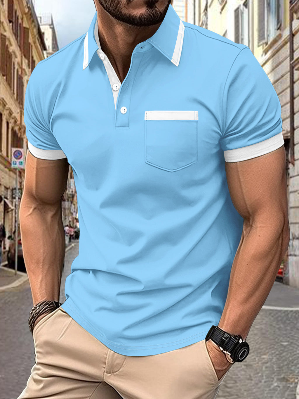 Men's Patchwork Button Pocket Casual Top
