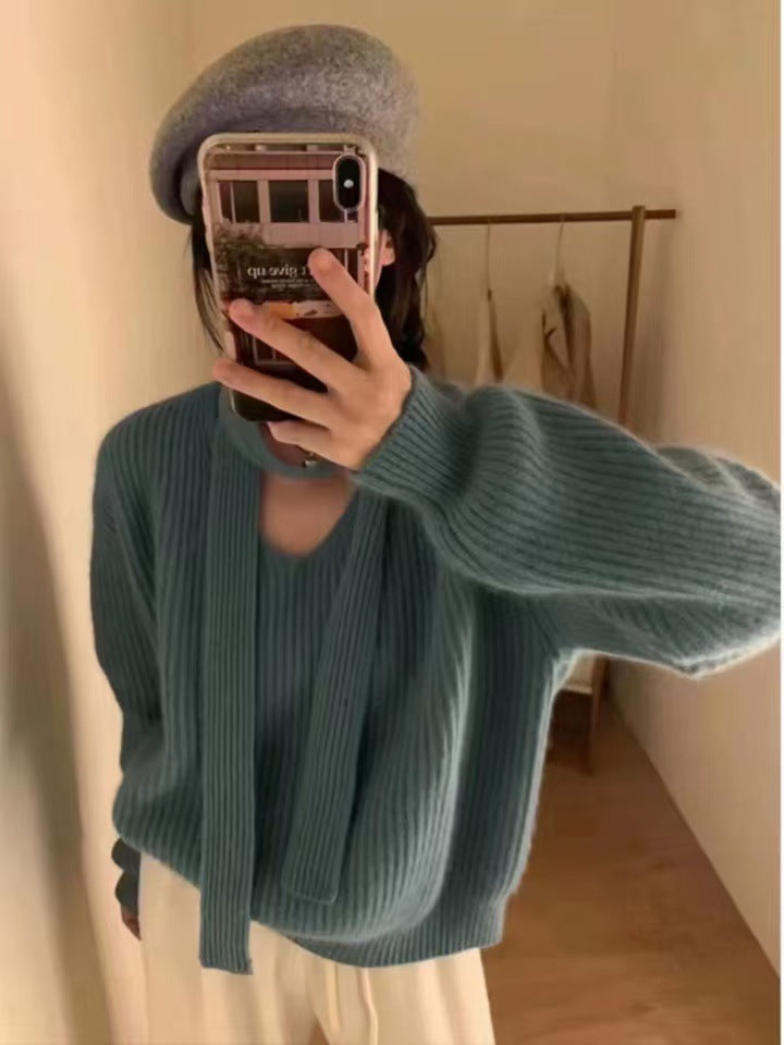 Womens Solid-Color Loose V-Neck Long-Sleeve Sweater With Ribbons