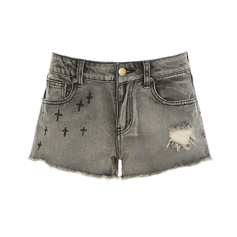 Retro Denim Womens High Street Leopard Print Patchwork Shorts In European And American Style