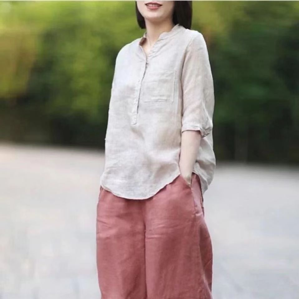 New Cotton-linen Plus-size Loose-fit Stand-collar Shirt Relaxed And Slimming