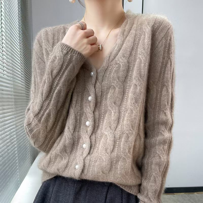 Twisted Pearl-Button V-Neck OuterwearLayering Top Knitted Sweater Jacket