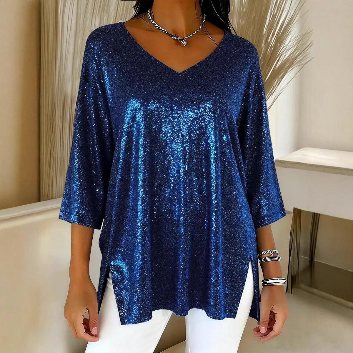 Womens Solid-Colored Loose V-Neck Cropped-Sleeve Split Top