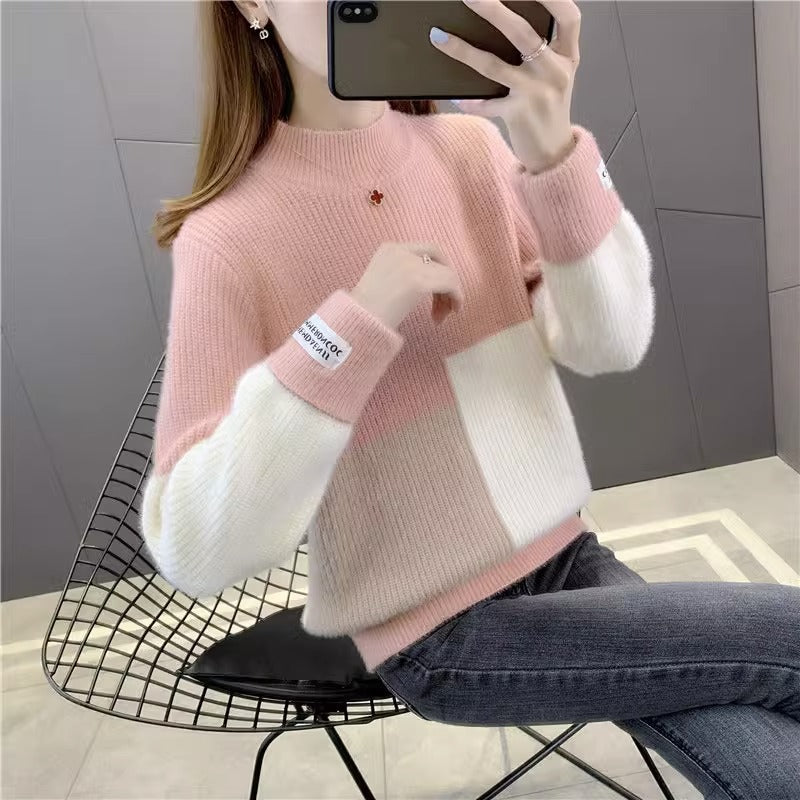 Womens High-Waisted Colorblock Mink-Blend Sweater