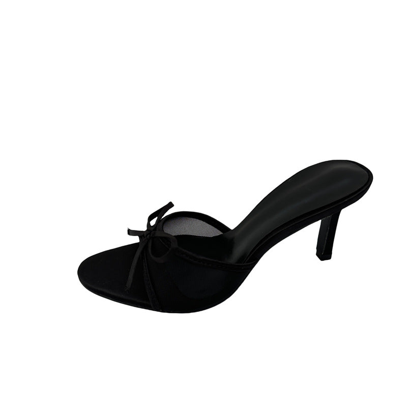 Fashionable Bow-Tie Open-Toe Mesh High-Heel Slide Sandals For Women
