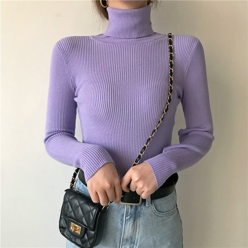 Slim-fit Solid-color Pullover Form-fitting Turtleneck Sweater