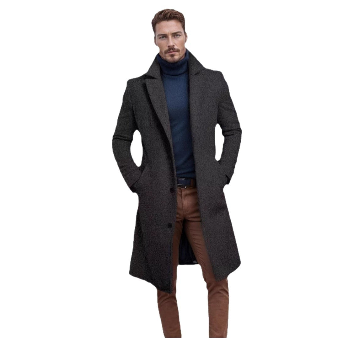 Knee-length Men's Solid Color Business Mid-length Trench Coat
