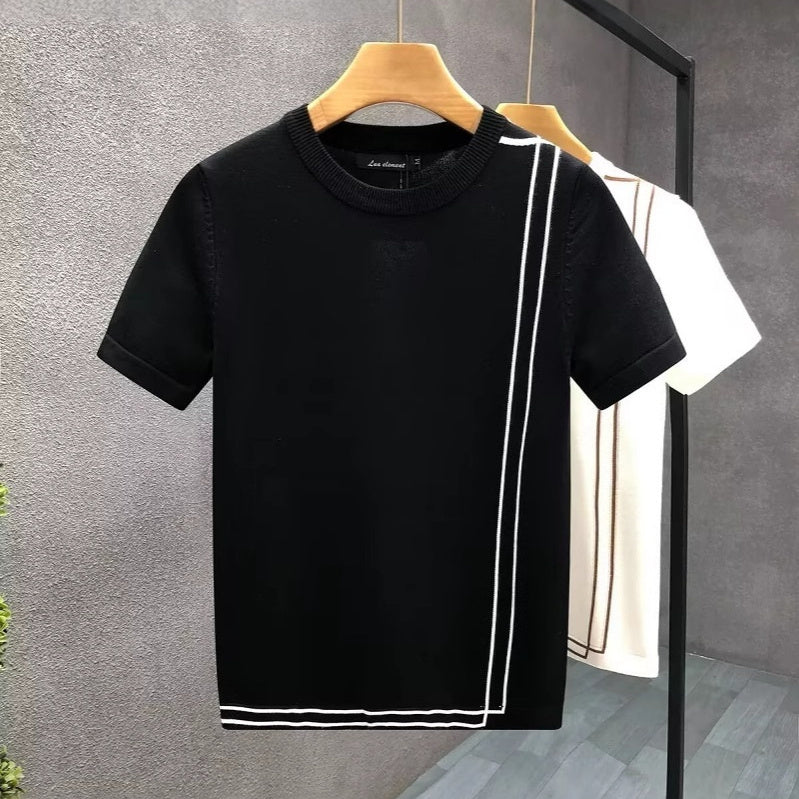 Striped Knitted Ice Silk Short Sleeve Men's Youth Slim Fit Summer High-end Retro T-shirt