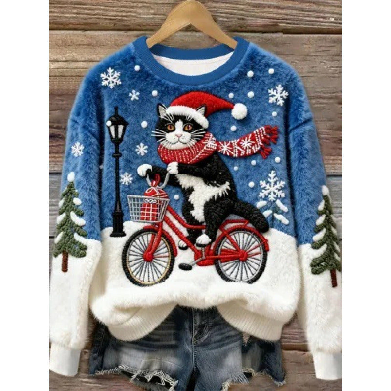 Womens Autumn Winter Christmas Cartoon Puppy Crew-Neck Sweatshirt