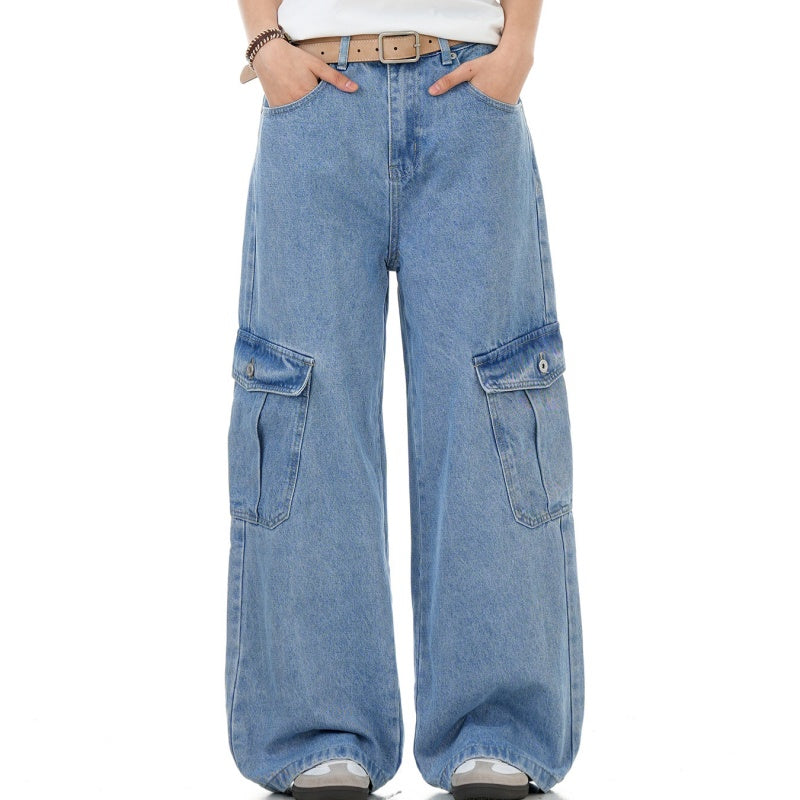 Ocean Blue Workwear Denim Jeans With Multiple Pockets Retro Style