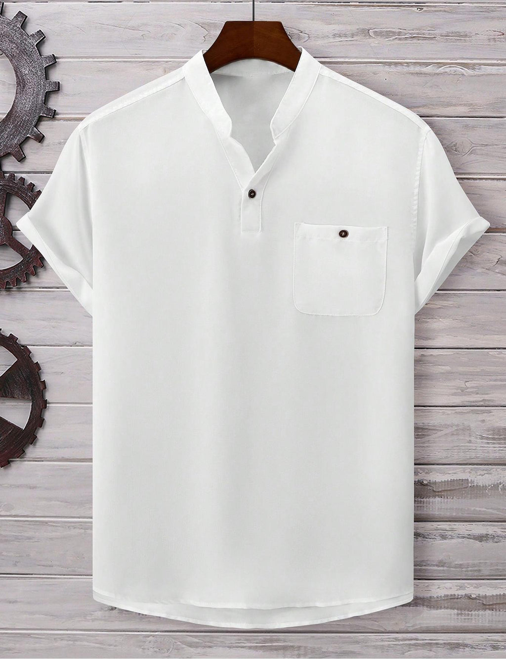 Mens Casual Short-sleeve Solid-color Shirt With A Turn-down Collar