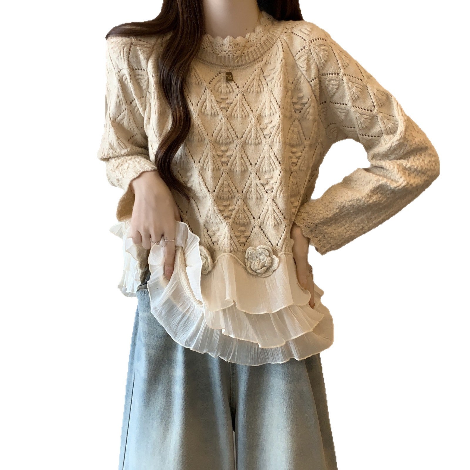 Women's Casual Loose Slimming Rose Lace Edge Sweater