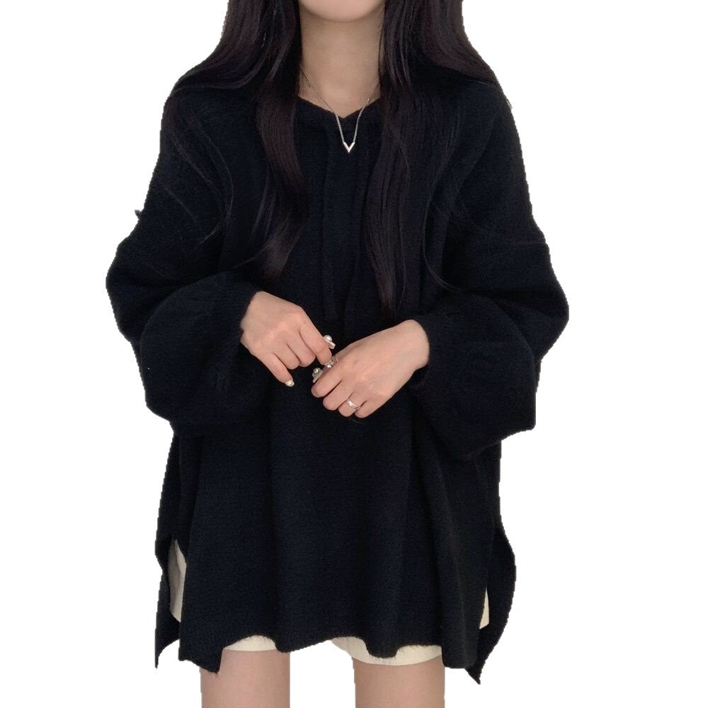 Korean-style Relaxed-fit Knitted Hoodie With A Laid-back Vibe And Puffed Sleeves