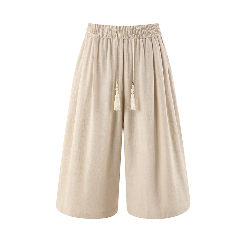 Retro Cotton-linen Wide-leg Casual Capri Pants