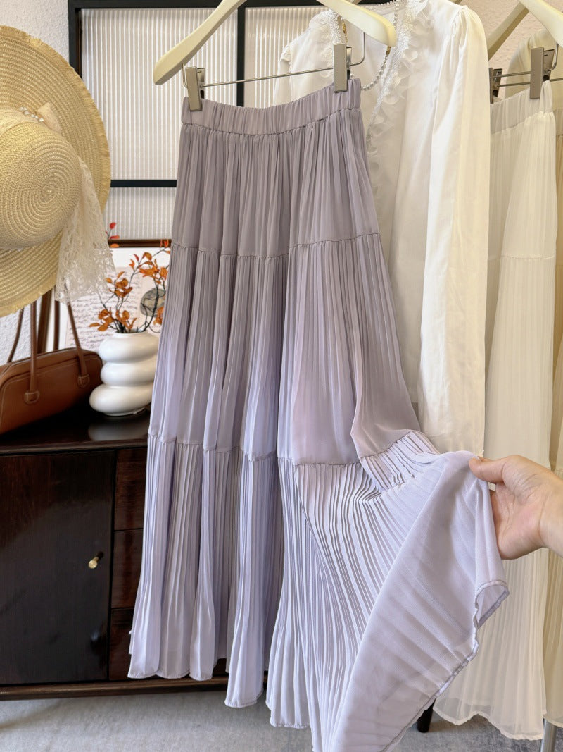 Womens Solid-Colored French-Style Retro Elegant Pleated High-Waist Skirt