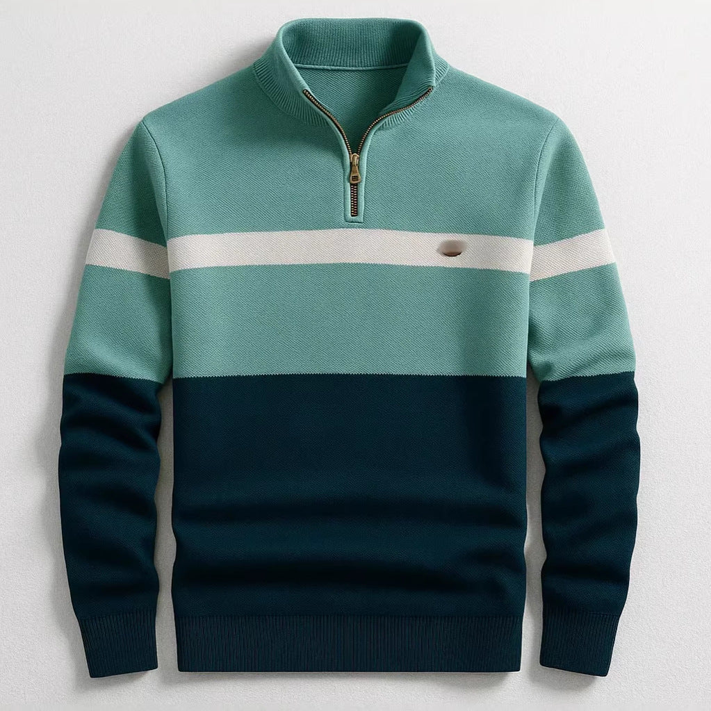 Business Stand-collar Knitwear Half-zip Long-sleeve T-shirt Color-block Pullover Sweaterpremium Quality