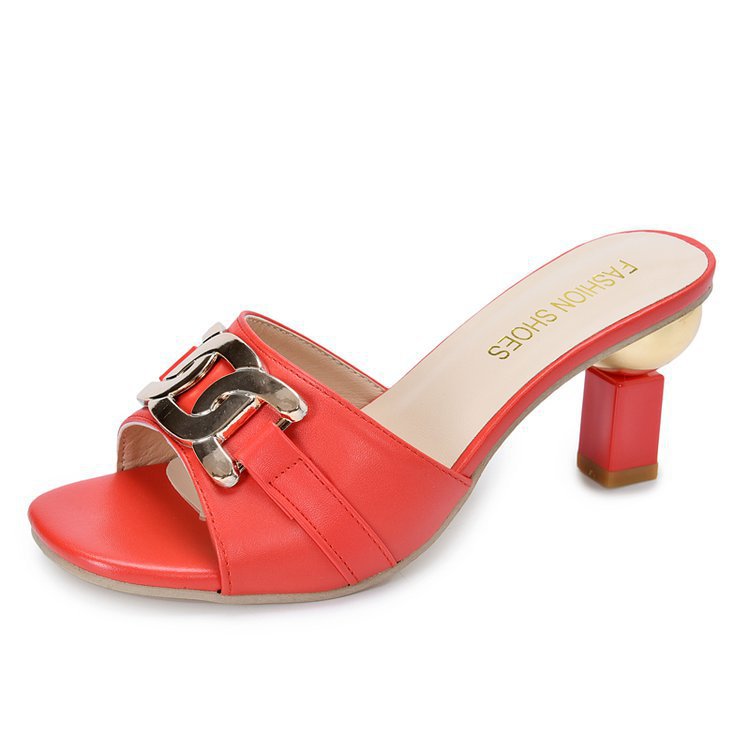 Womens Metal-buckle High-heeled Peep-toe Slippers