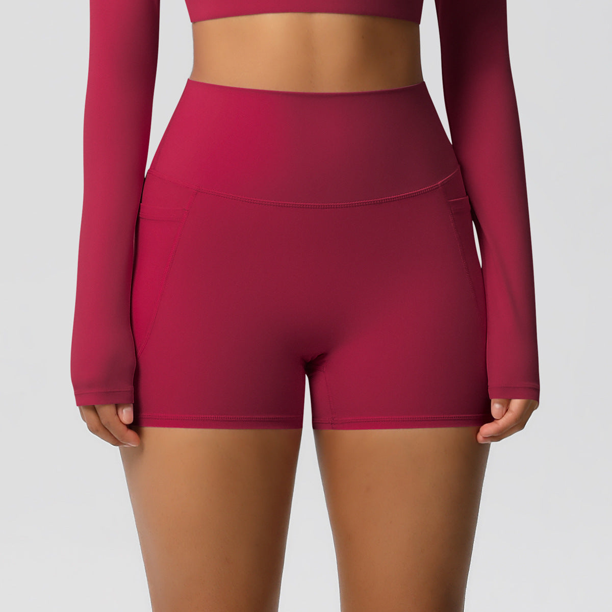 Womens Pockets Yoga Shorts Summer Three-Quarter Peach-Colored Yoga Shorts