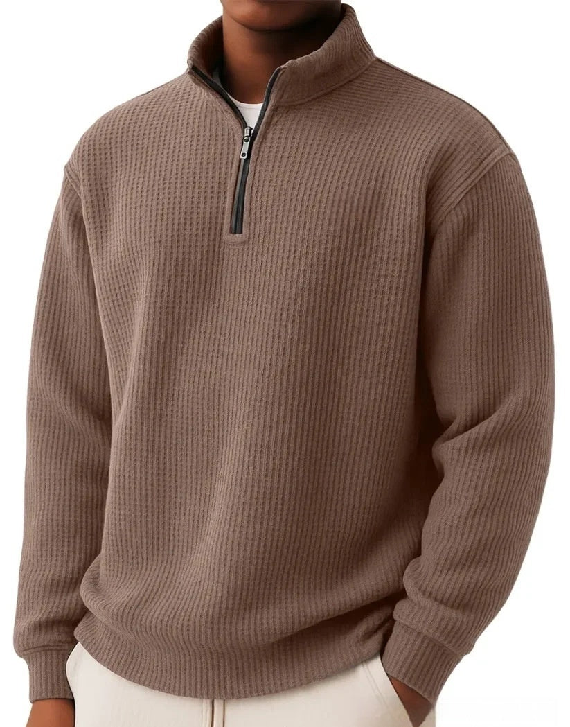 Men's Autumn And Winter Solid Color Loose Casual High-quality Waffle Long-sleeved POLO Shirt