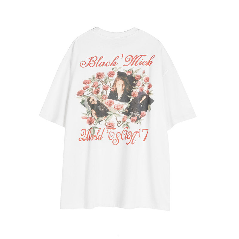 American Retro Hip Hop Rose Embroidered Short Sleeve T-Shirt