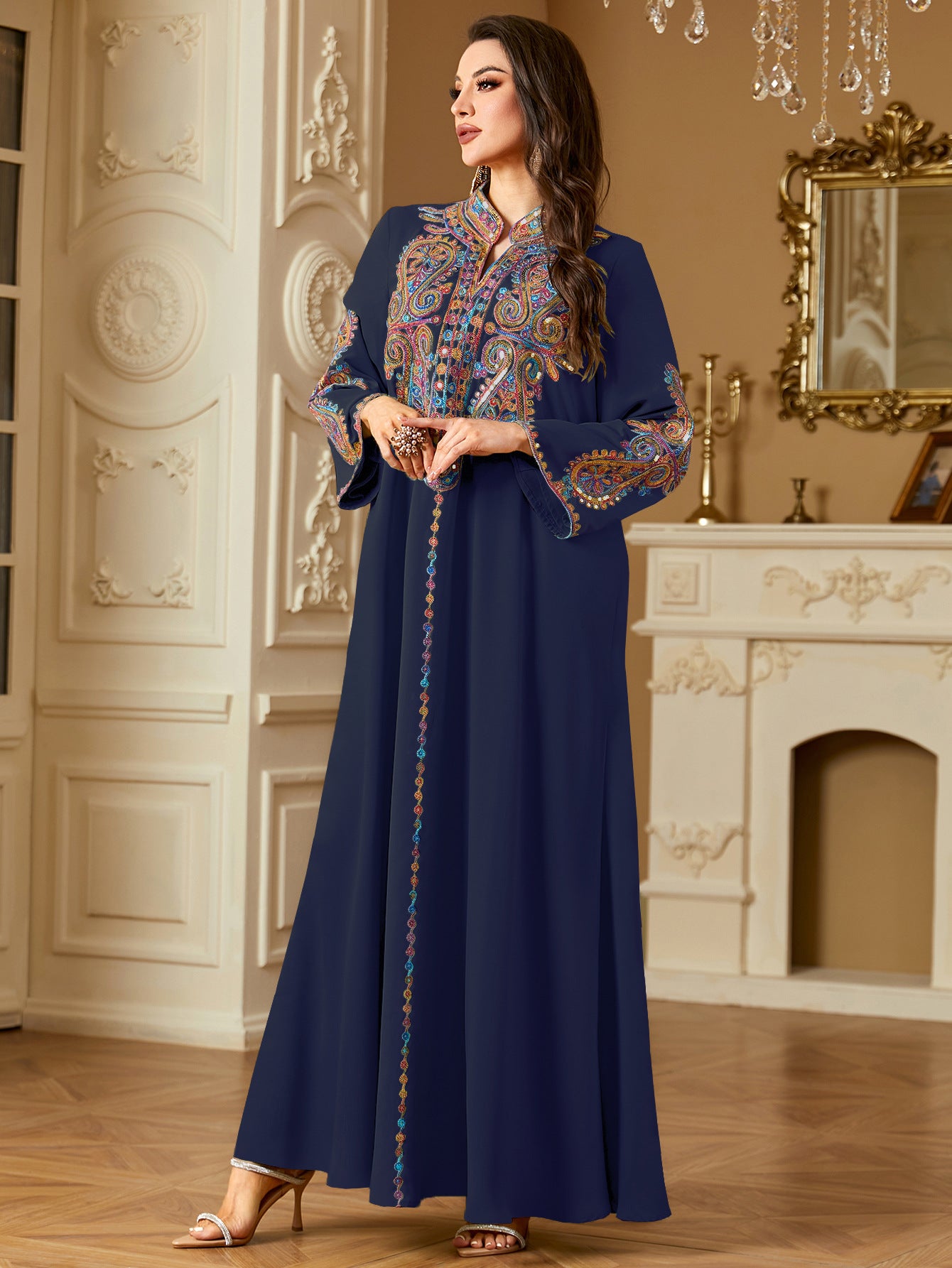 Elegant Beaded Embroidery Dress For Muslim Women In A Long Robe Style