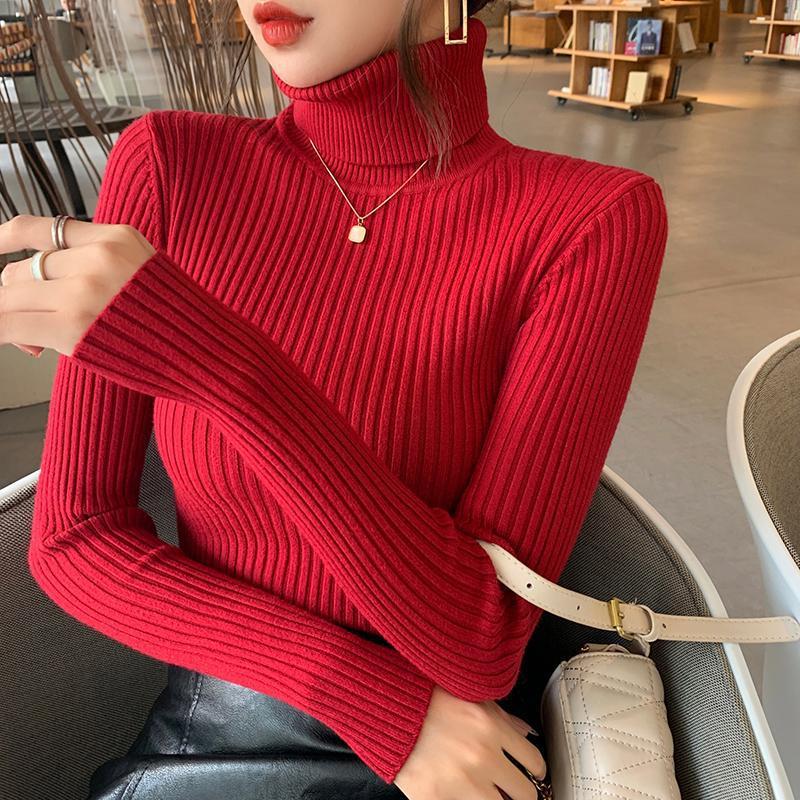 Womens Thick Solid-Colored Slim-Fit Warm Turtleneck Base Sweater