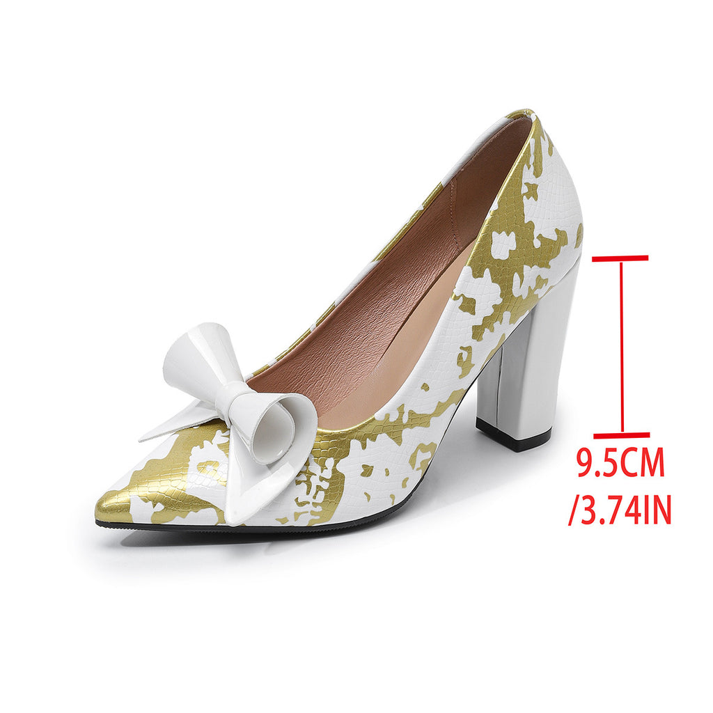 Pointed-toe Low-cut Floral Womens Pumps With A Bow And Chunky Heel