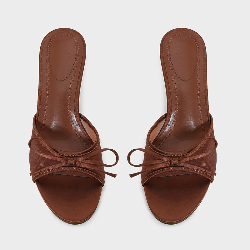 Womens Brown Mesh Sandals With Bow Detail And High Heel