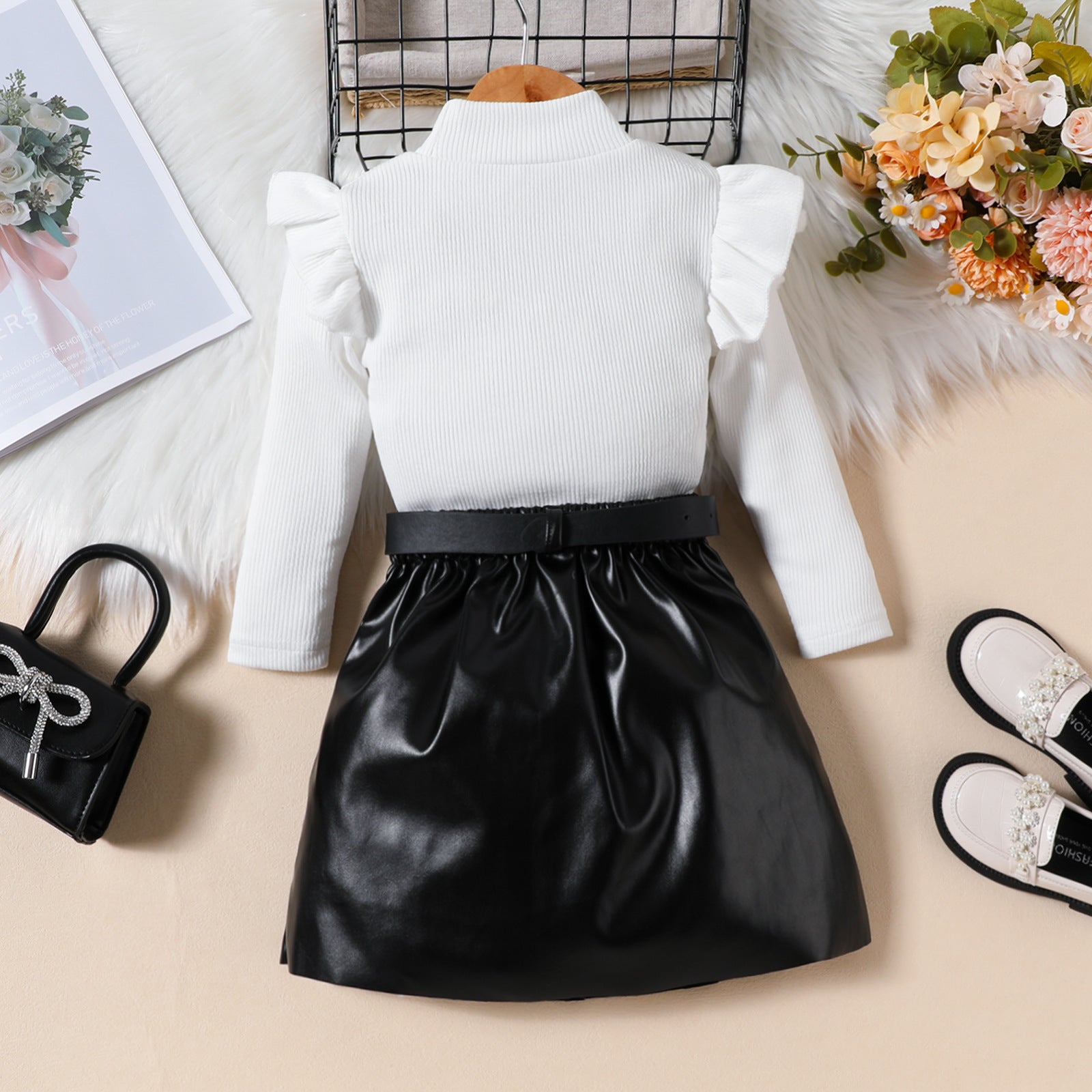 High-neck Long-sleeve Top PU Leather Pleated Skirt Belt Three-piece Set