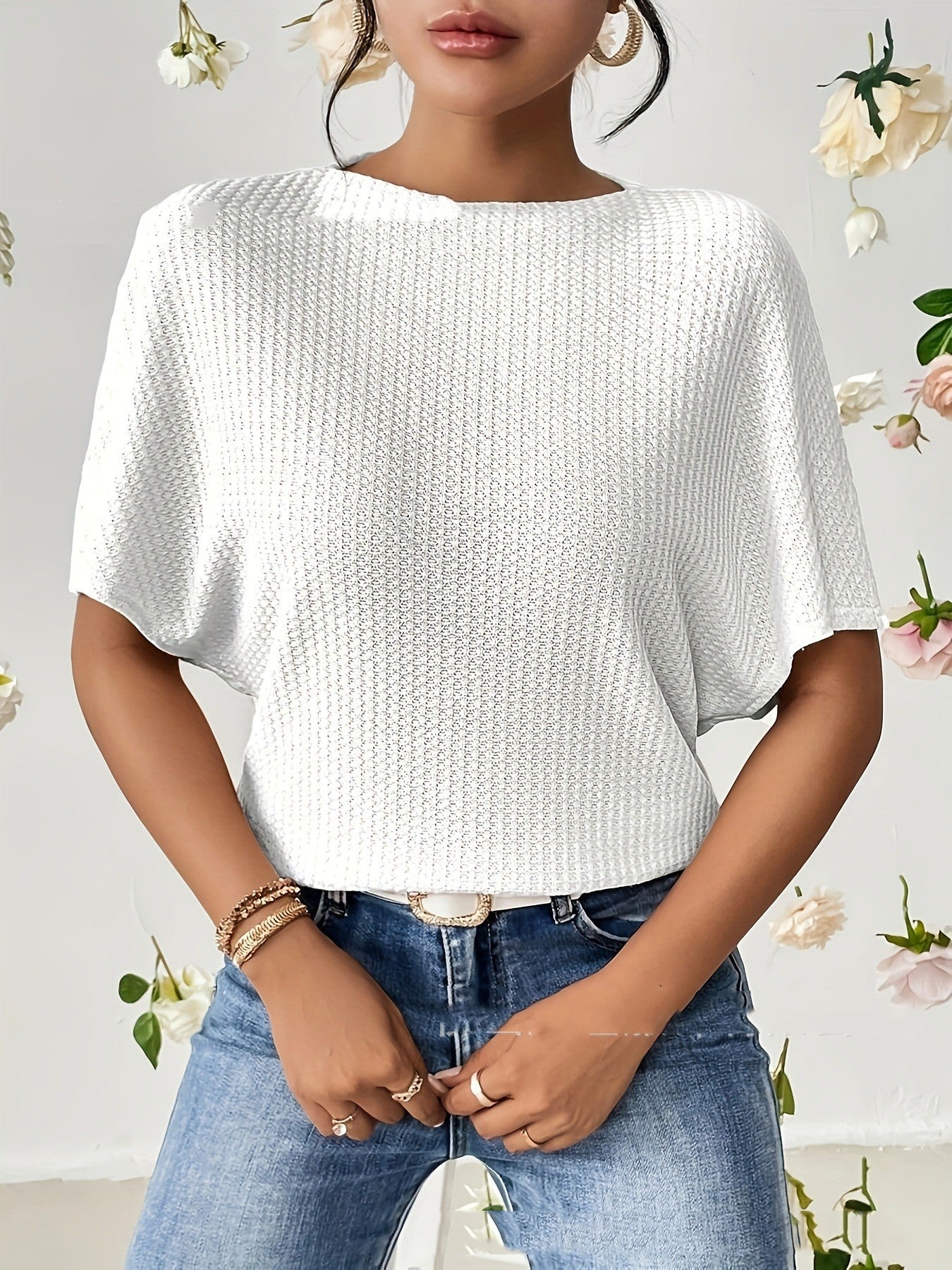 Crew Neck Batwing Sleeves Loose-fitting Short Sleeves