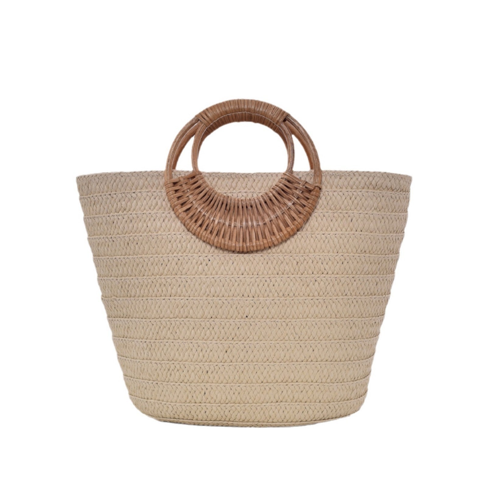 Simple Straw Weave Womens Large-Capacity Round-Handle Tote Bag