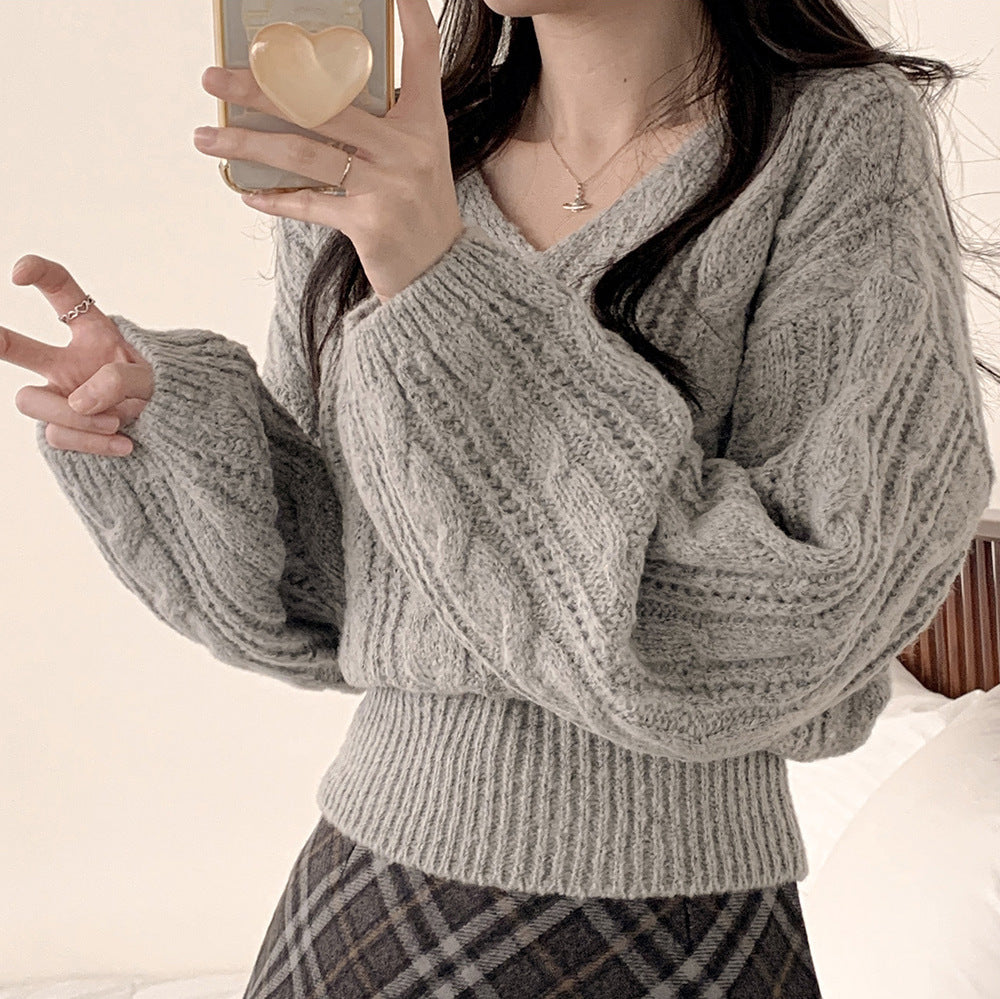 New Korean-style Relaxed-fit Solid-color Cable-knit Sweater With Lantern Sleeves