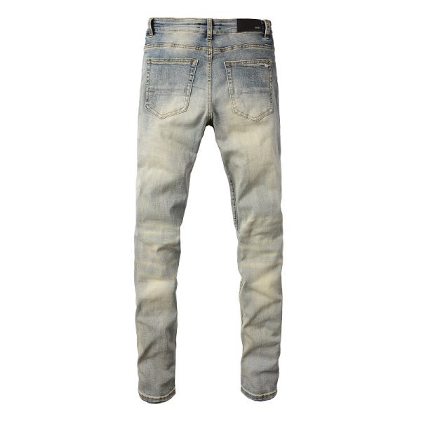 Meigao Street Vintage Crumpled Ripped Cat Beard Patch Printed Jeans Men