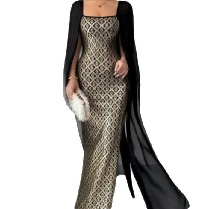 Womens Retro, Opulent Square-Neck Backless Elegant Muslim Dress For Banquets And Parties