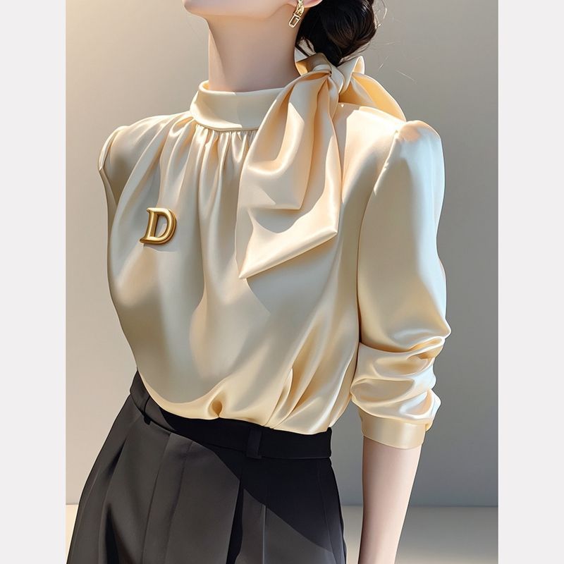 Champagne Satin Long-sleeve Shirt With A Bow-tie Tie-up Top