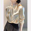 Champagne Satin Long-sleeve Shirt With A Bow-tie Tie-up Top