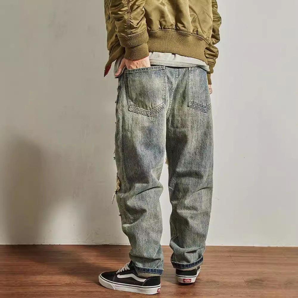 Jeans Men's Loose Straight Tapered Distressed Broken Holes Pants
